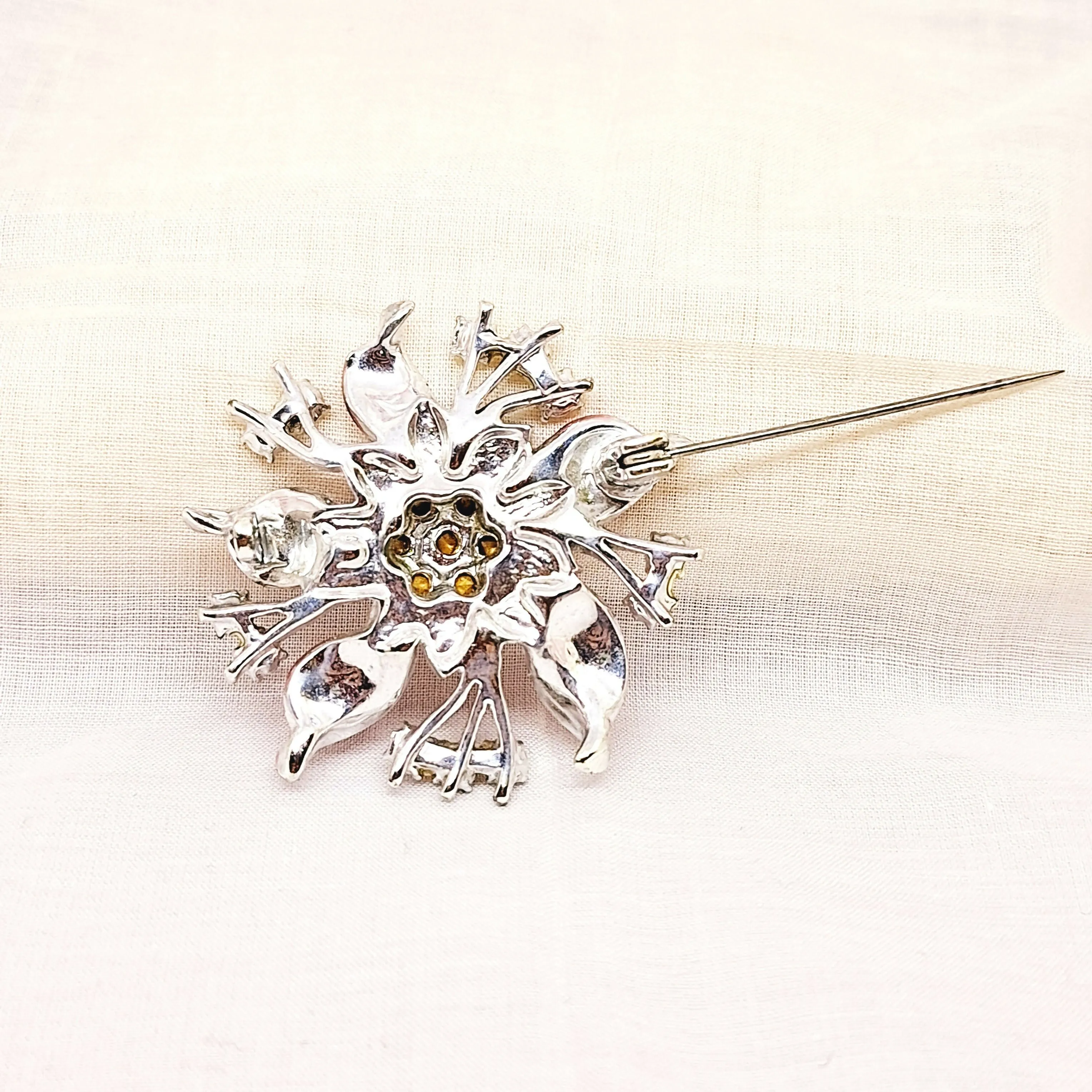 Silver Tone Pink Floral Brooch