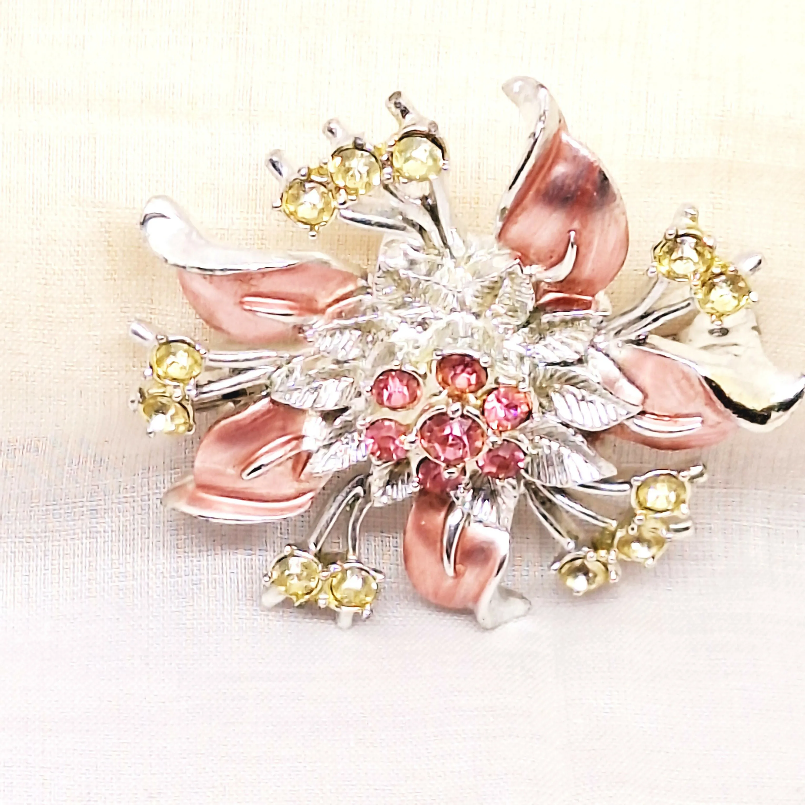 Silver Tone Pink Floral Brooch