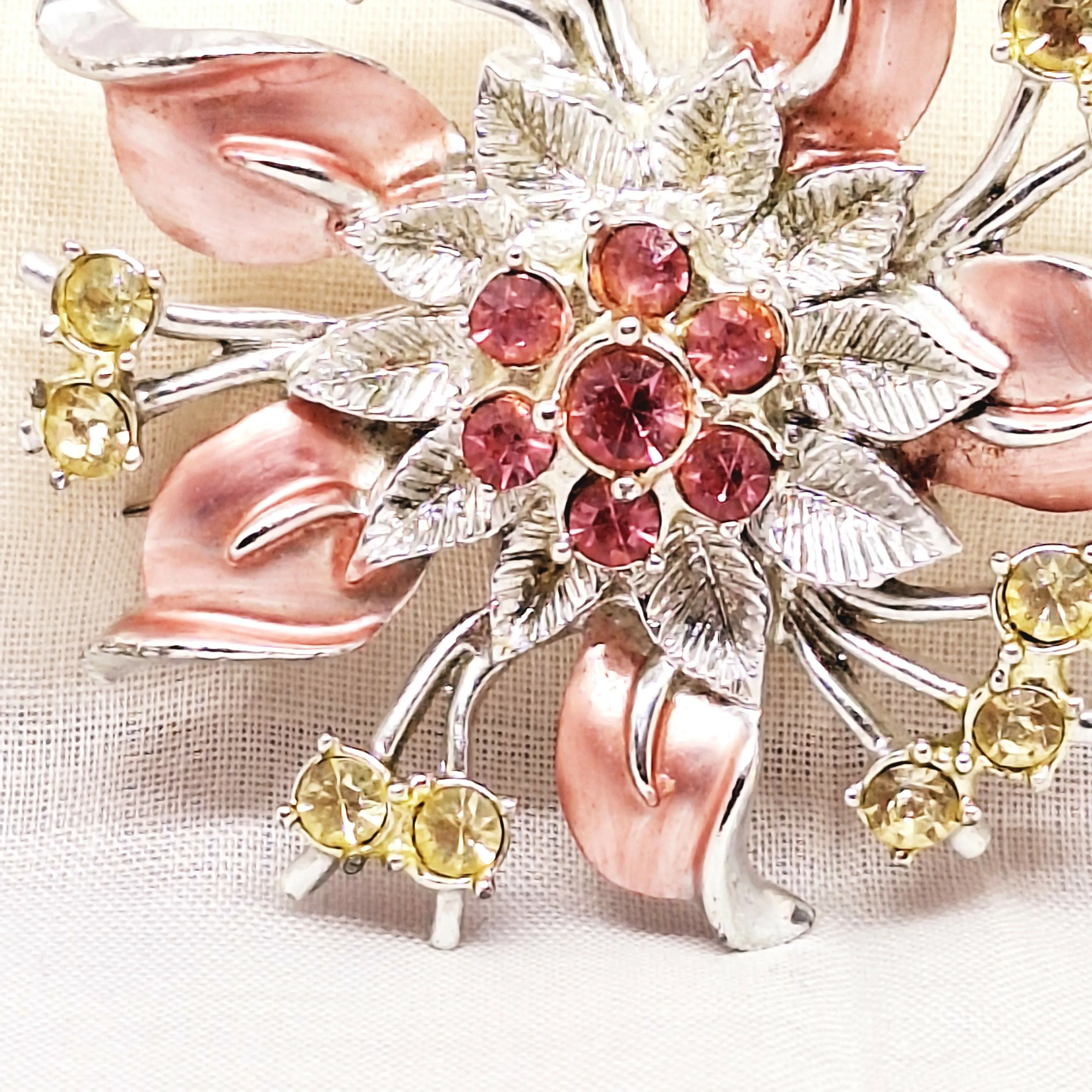 Silver Tone Pink Floral Brooch