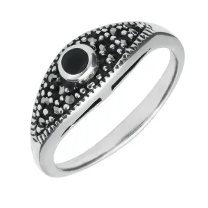 Sterling Silver Whitby Jet Marcasite Round Stone Ring