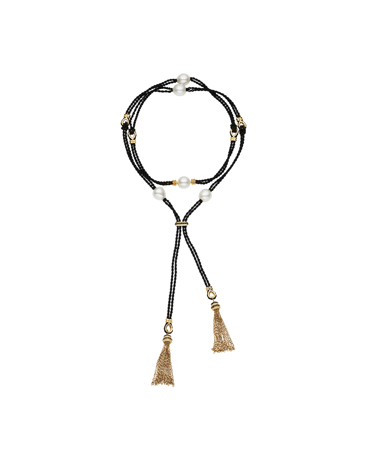 Tassel Rope Pearl Necklace | 12mm Pearls, Black Spinel, and Yellow Gold