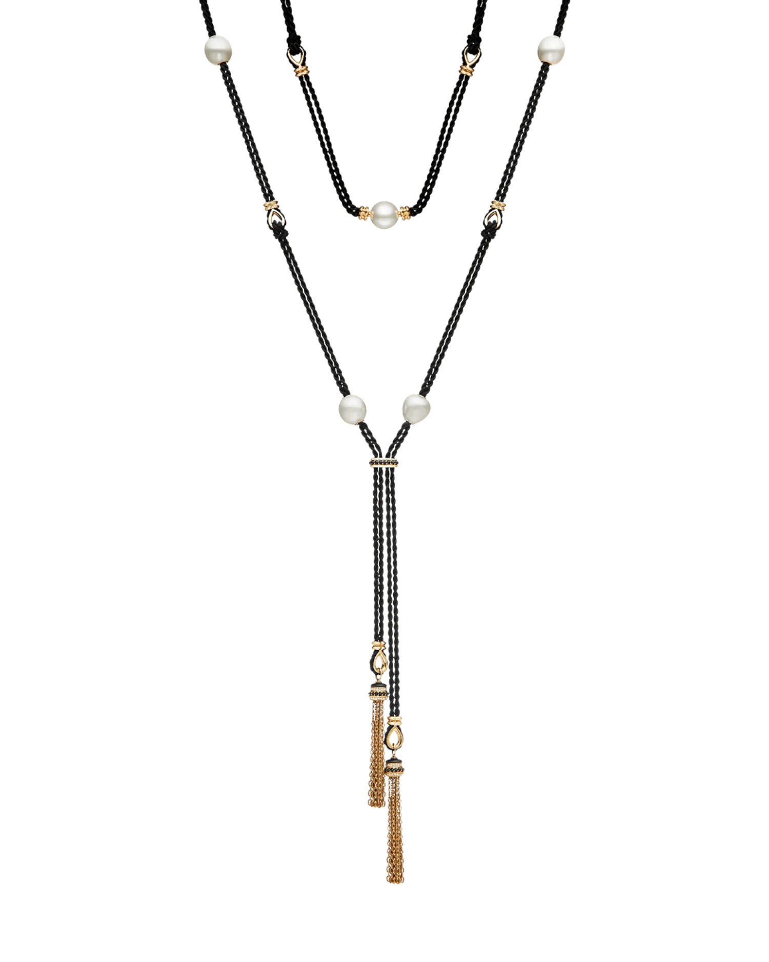 Tassel Rope Pearl Necklace | 12mm Pearls, Black Spinel, and Yellow Gold
