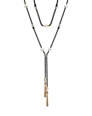 Tassel Rope Pearl Necklace | 12mm Pearls, Black Spinel, and Yellow Gold