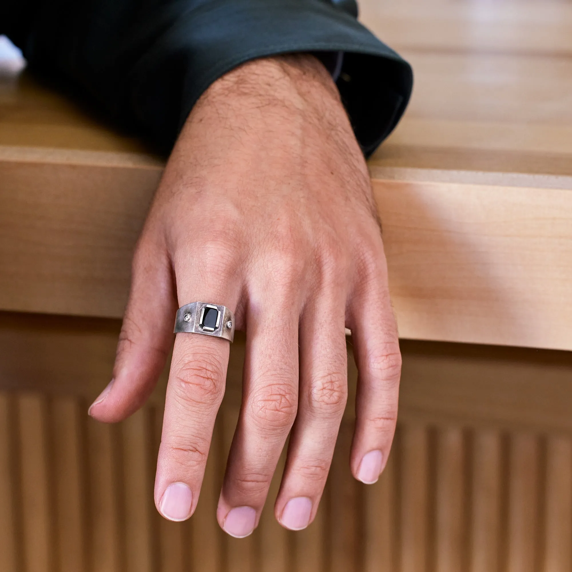 The Onyx & Diamond Signet Ring | Oxidized Sterling Silver