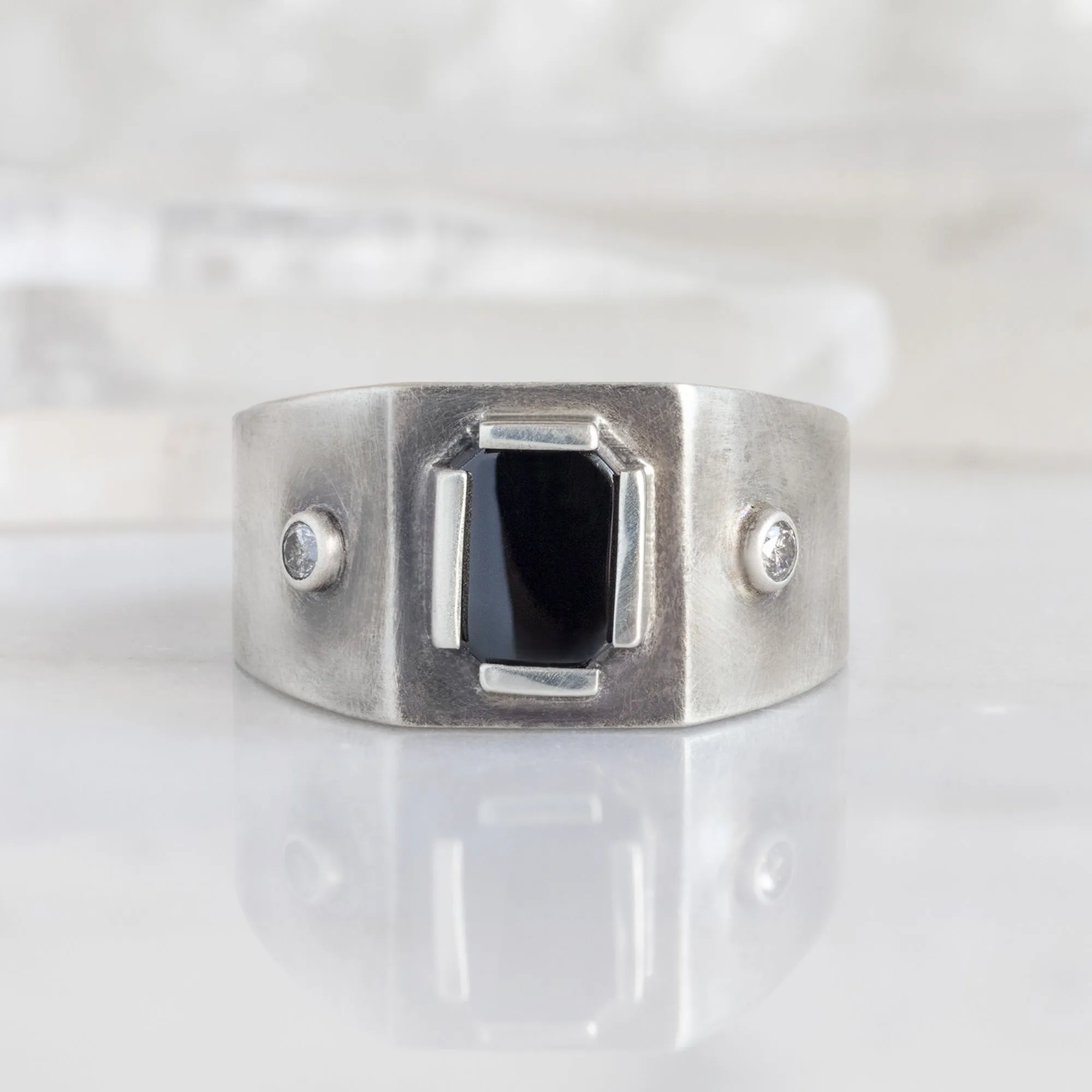 The Onyx & Diamond Signet Ring | Oxidized Sterling Silver