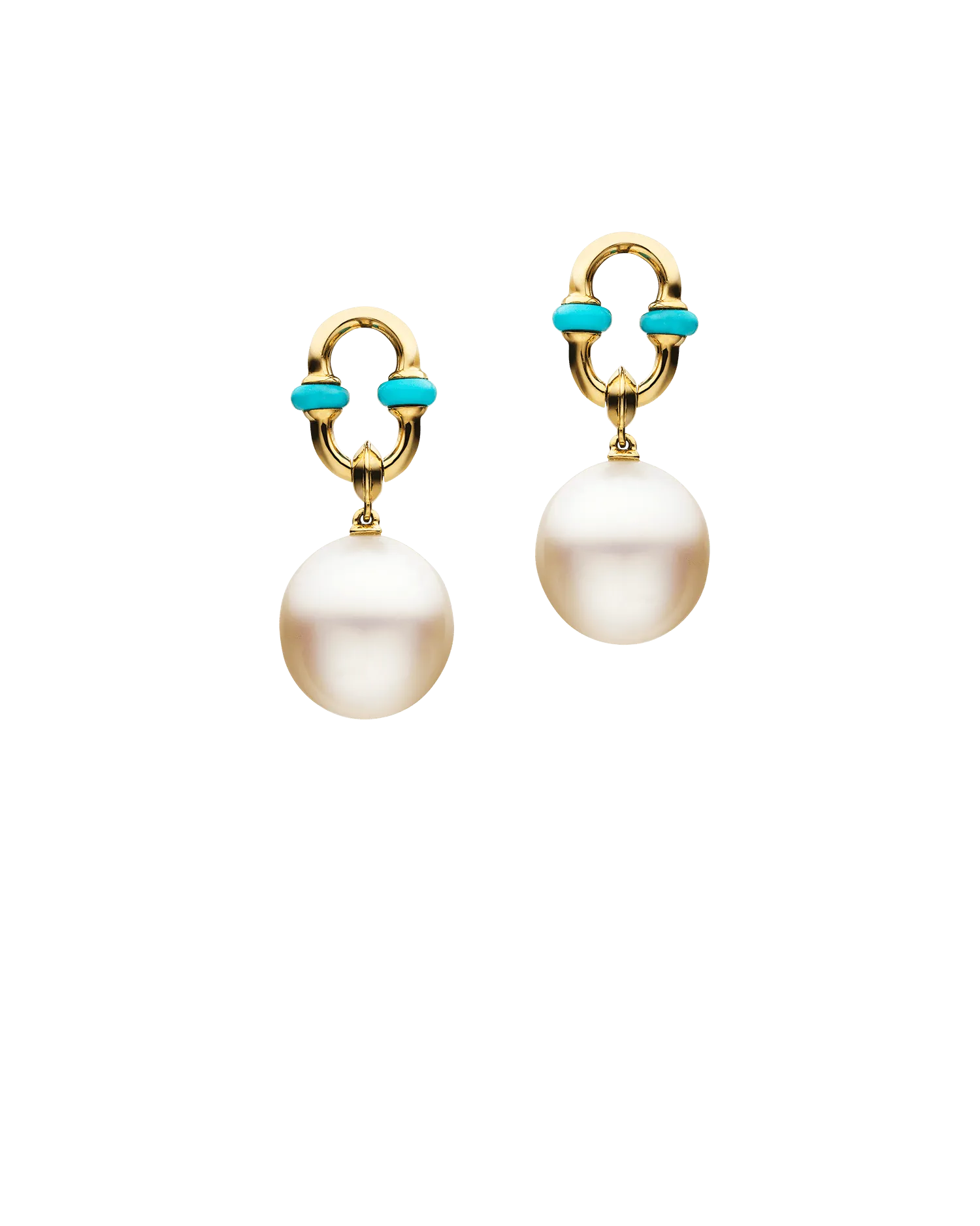 Turquoise Anchor Link Pearl Earrings  | 11mm Oval Pearls, Turquoise, and Yellow Gold
