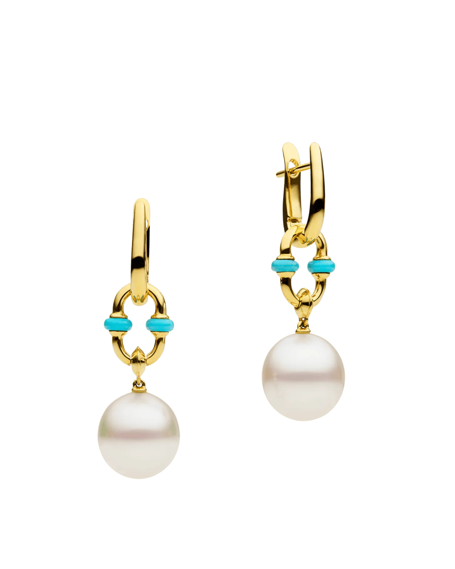 Turquoise Anchor Link Pearl Earrings  | 11mm Oval Pearls, Turquoise, and Yellow Gold