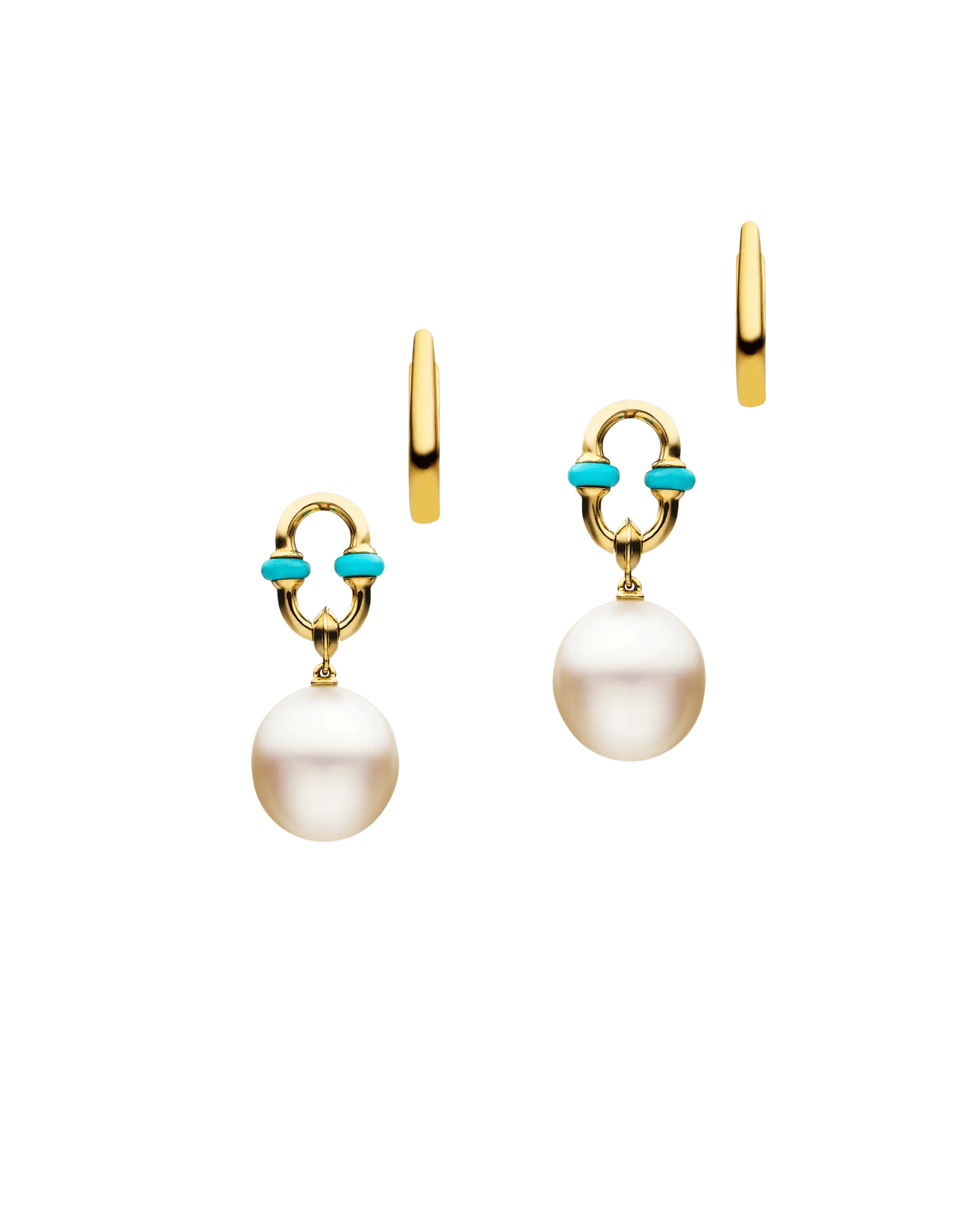Turquoise Anchor Link Pearl Earrings  | 11mm Oval Pearls, Turquoise, and Yellow Gold