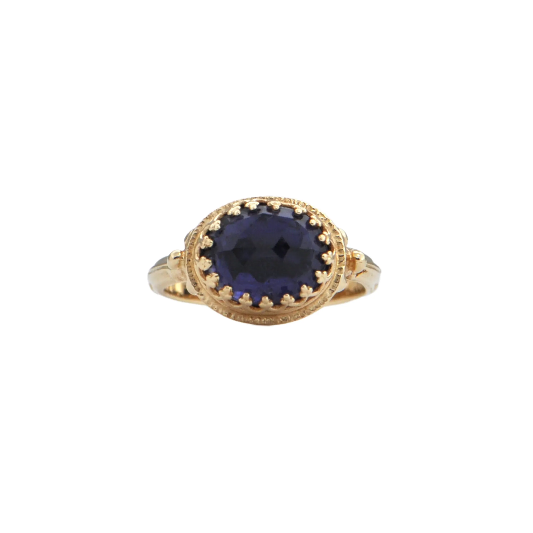 Vintage 'Becky Kelso' Iolite 14K Gold Filigree Engraved Ring