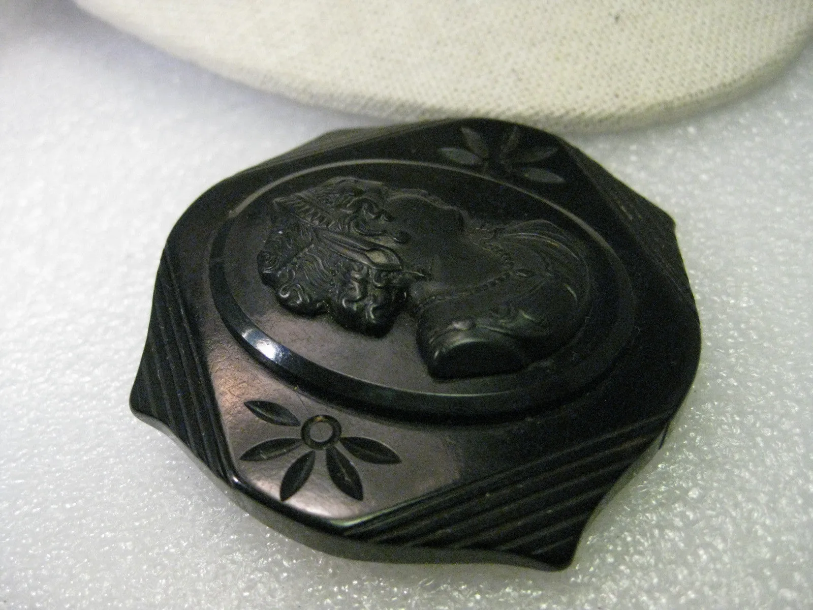 Vintage Brooch, Black Mourning Cameo Brooch, Bakelite Woman with Headdress, early 1900s