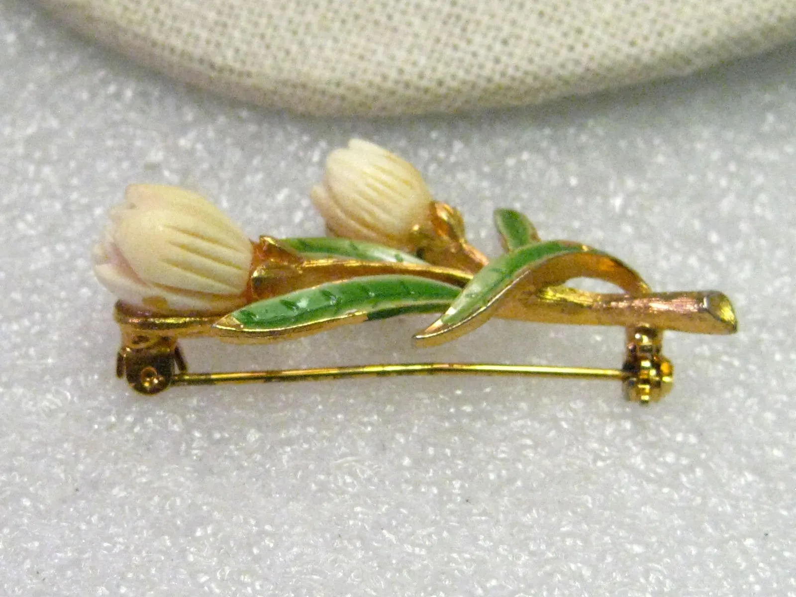 Vintage Gold Tone Carved Tulip Floral Brooch, Enameled Leaves, Signed JJ