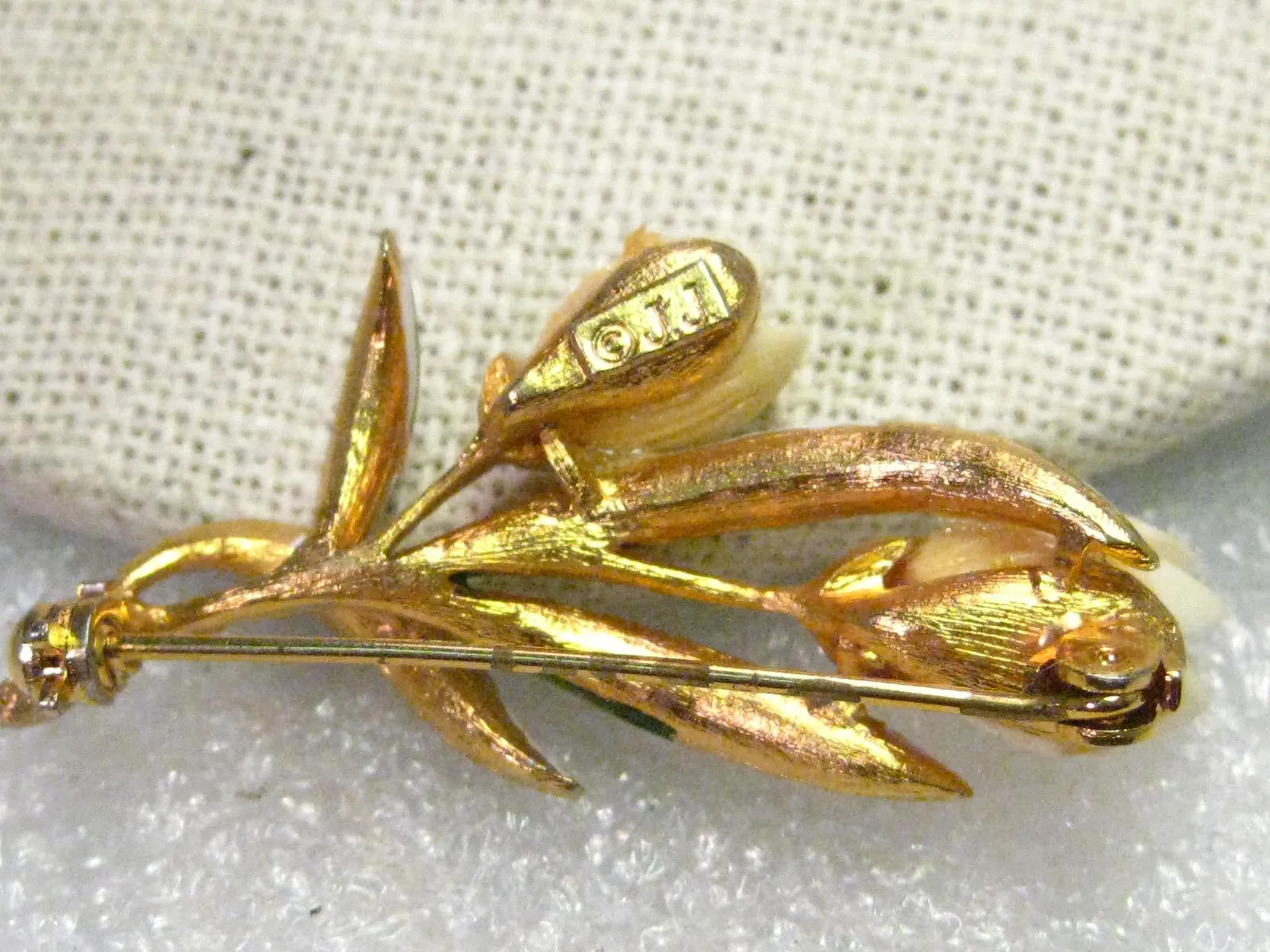 Vintage Gold Tone Carved Tulip Floral Brooch, Enameled Leaves, Signed JJ