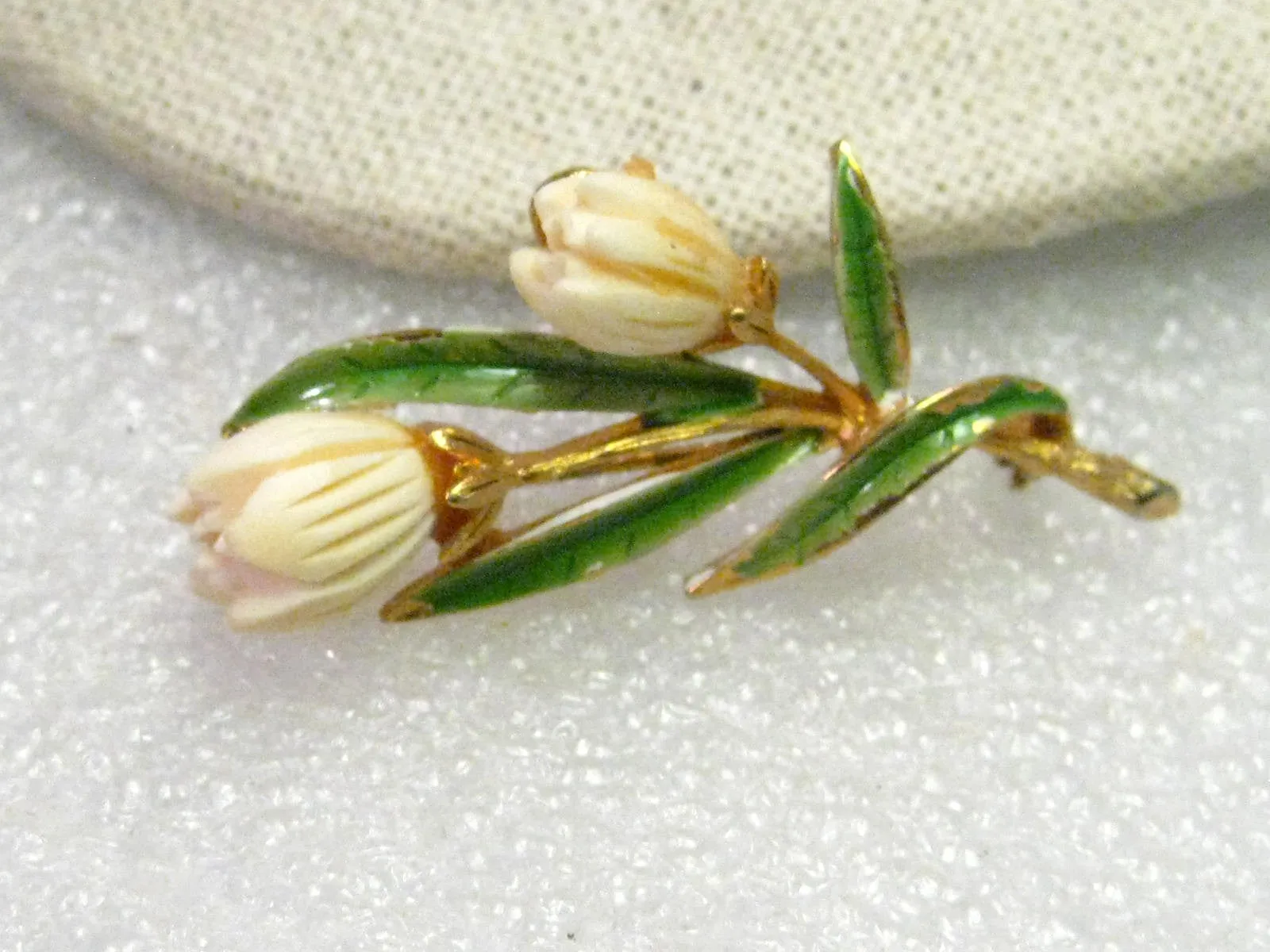 Vintage Gold Tone Carved Tulip Floral Brooch, Enameled Leaves, Signed JJ
