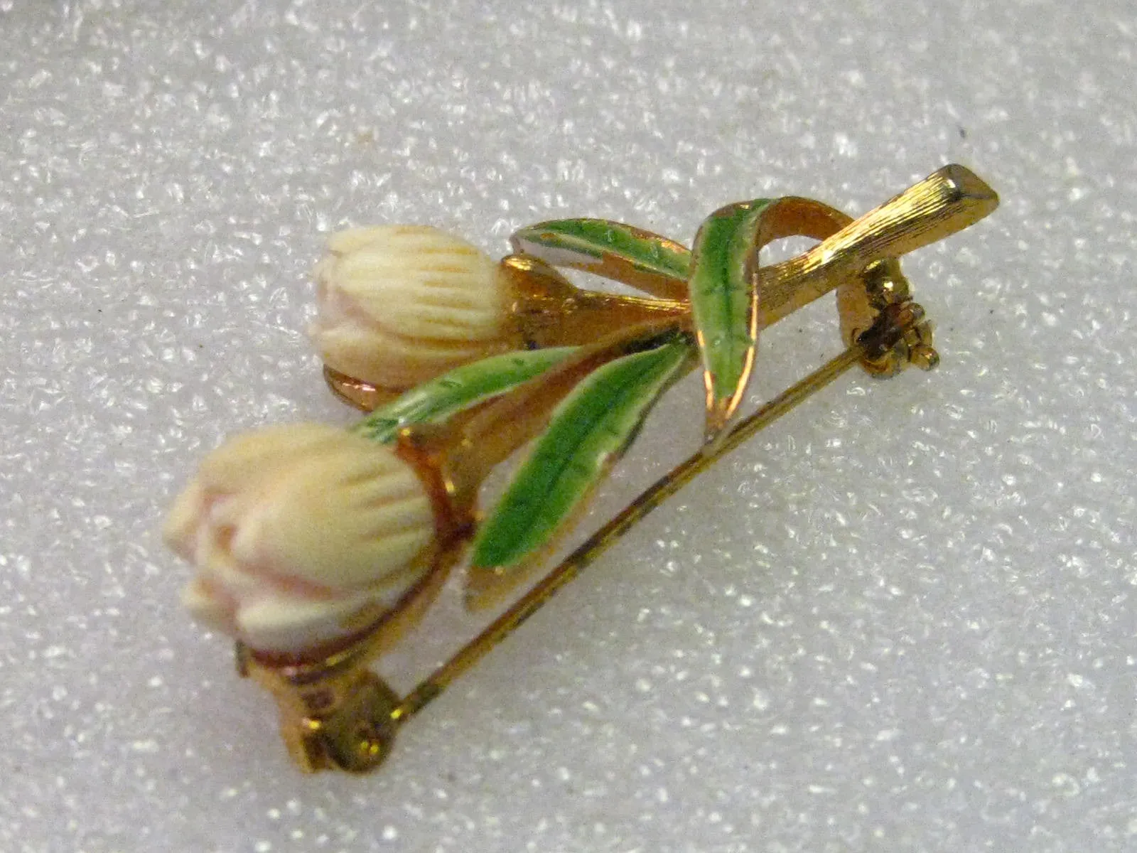Vintage Gold Tone Carved Tulip Floral Brooch, Enameled Leaves, Signed JJ
