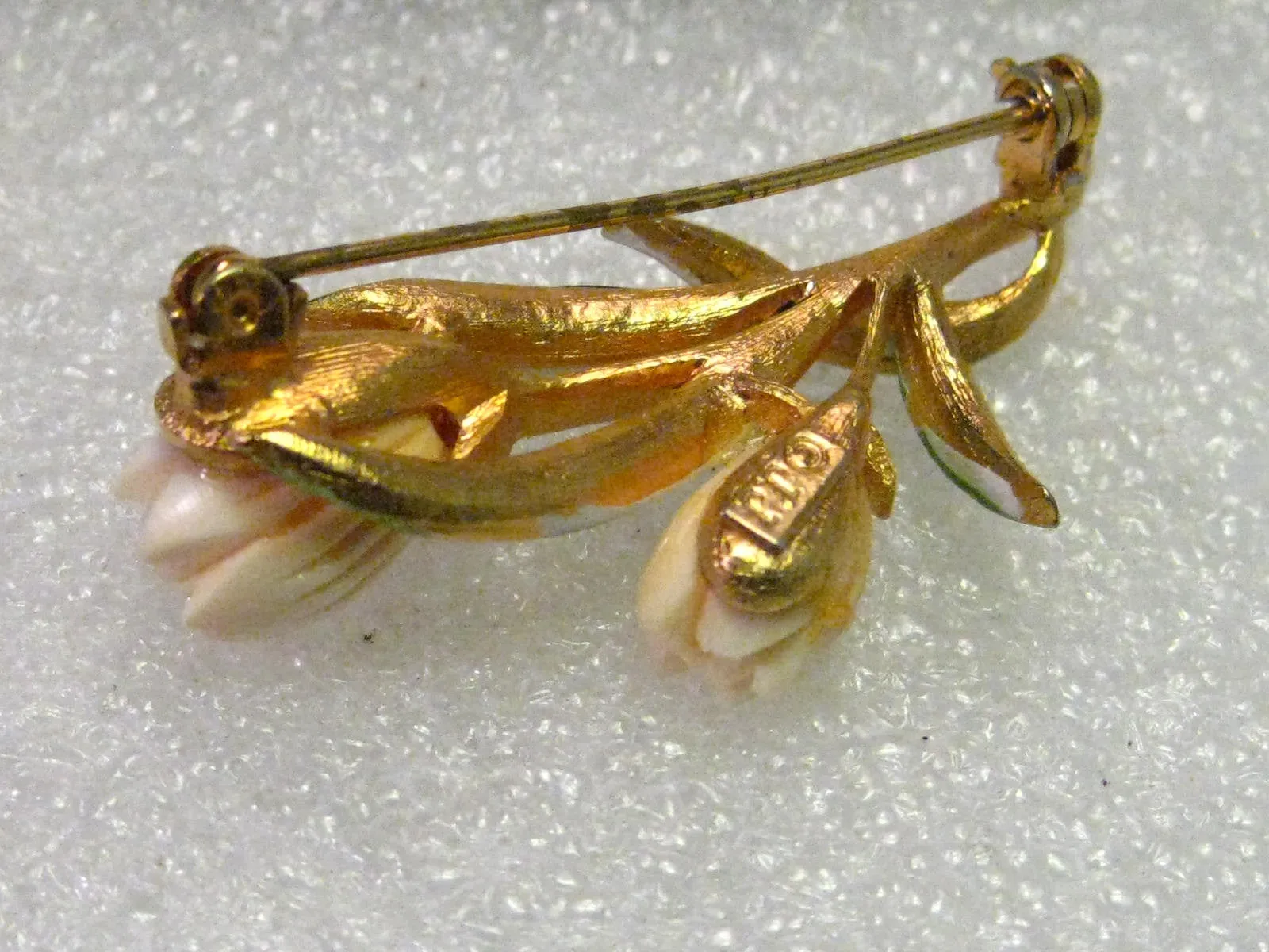 Vintage Gold Tone Carved Tulip Floral Brooch, Enameled Leaves, Signed JJ