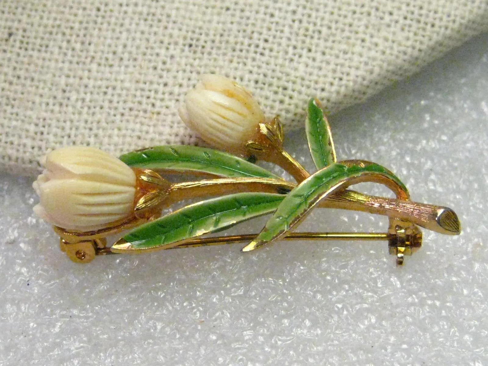 Vintage Gold Tone Carved Tulip Floral Brooch, Enameled Leaves, Signed JJ