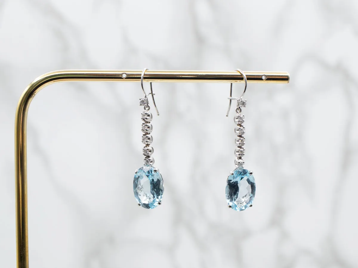 White Gold Blue Topaz and Diamond Drop Earrings