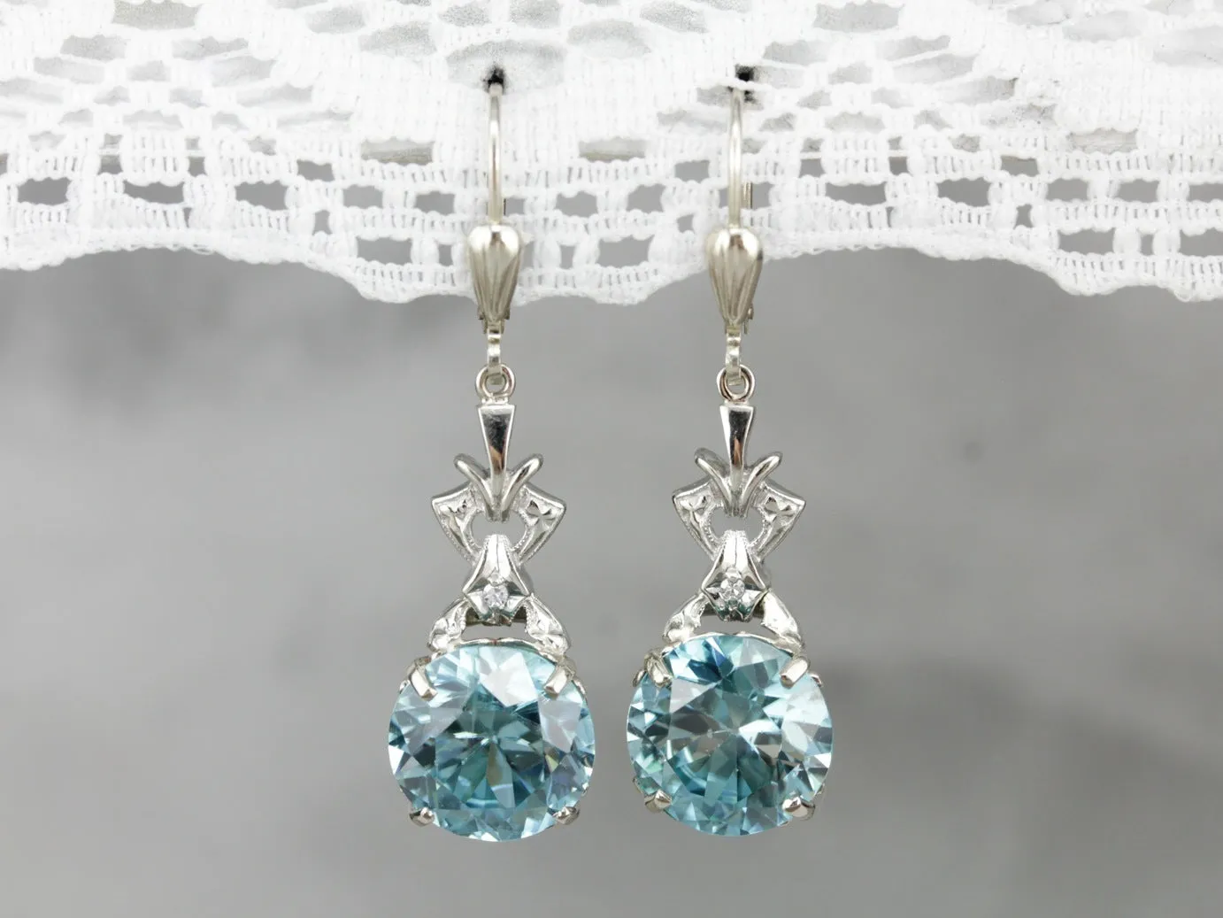 White Gold Blue Zircon Diamond Drop Earrings