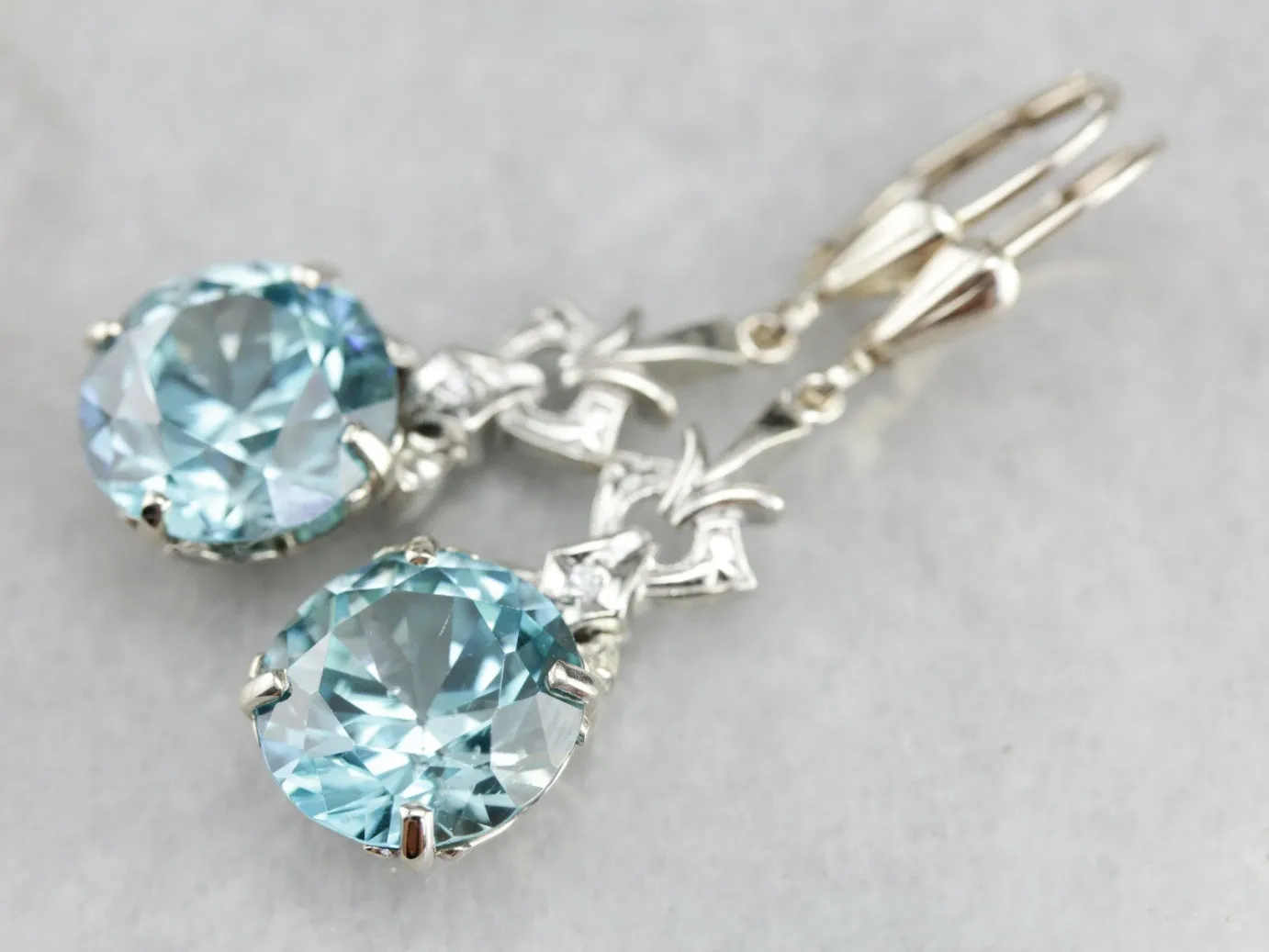 White Gold Blue Zircon Diamond Drop Earrings